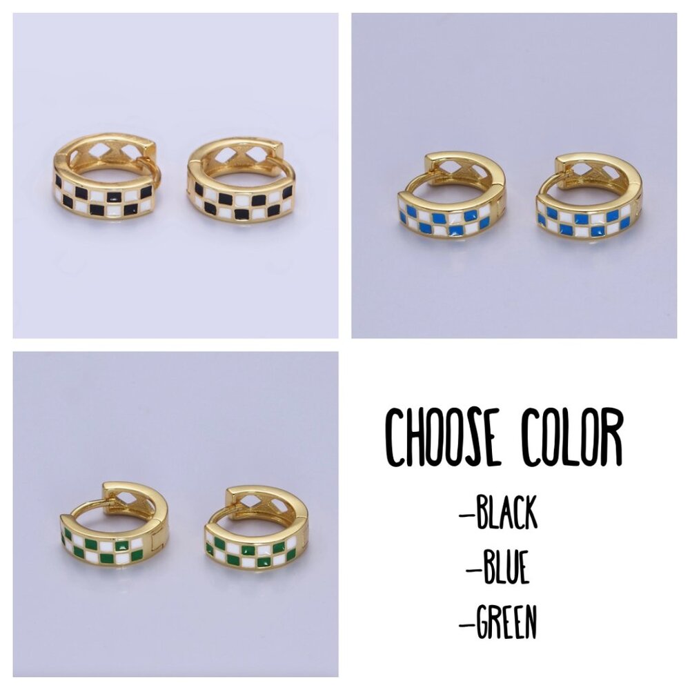 24K Gold Filled Enamel Checker Hoop Earring Retro Gold Huggie Blue, Black, Green